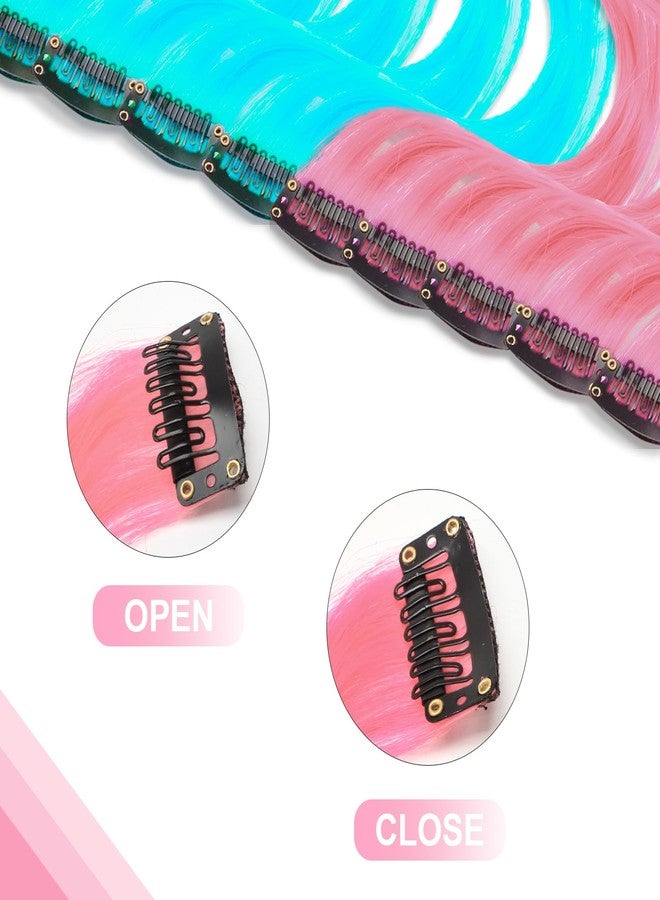 Olldag 10 PCS Pink and Lake Blue Hair Extensions, Curly Wavy Synthetic Hairpieces Clip in Rainbow Neon Party Highlights, Colorful Hair Accessories for Women 17 inch (Pink Lake Blue) - Image 3